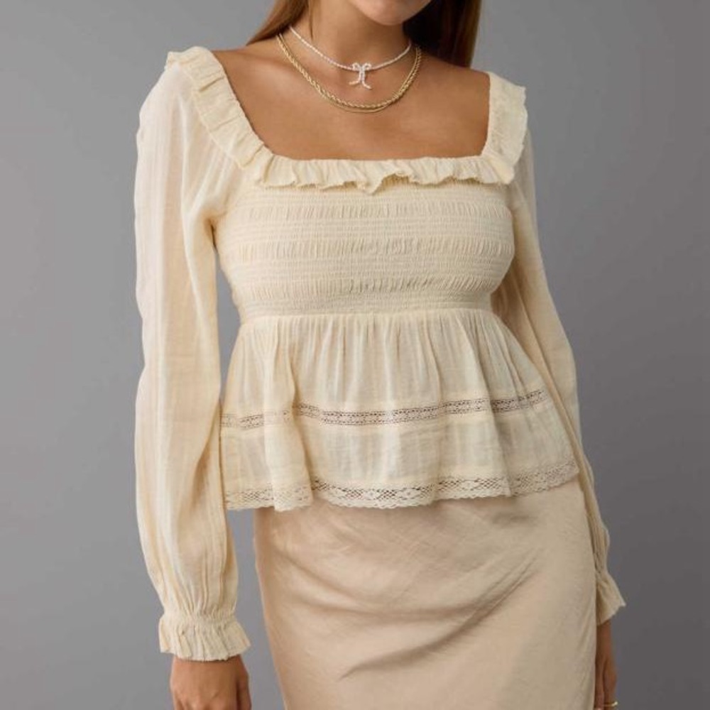 American Eagle Long Sleeve Smocked Eyelet Prairie Cottage Blouse Top Cream Med